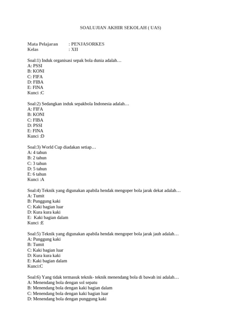 Soal UAS Kelas 12 Penjas PDF