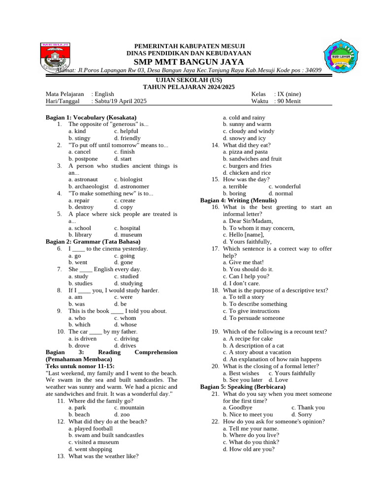 ujian sekolah bahasa inggris kelas 9 ujian sekolah bahasa inggris kelas 9