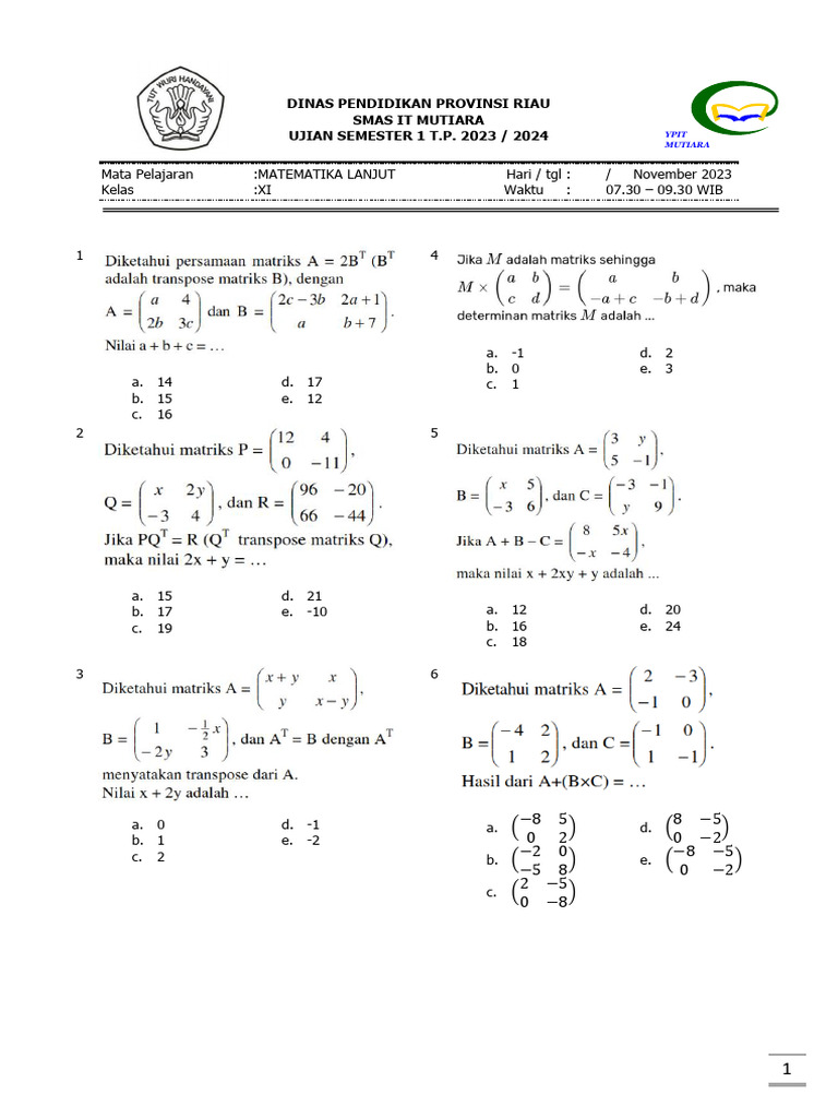 Soal Ujian MTK Lanjut Kls Ix Semester 1 Kertas PDF