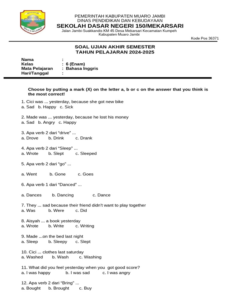 Soal Ujian Bahasa Inggris Kelas 6 PDF