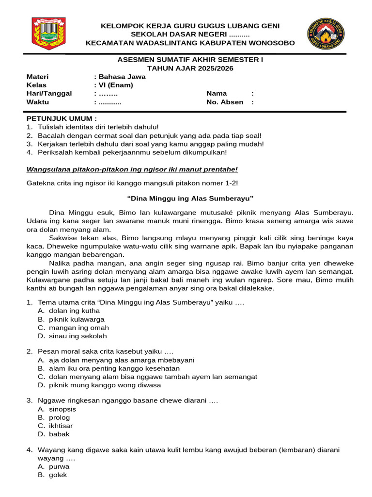 Asesmen Bahasa Jawa Kelas VI 2025 2026 PDF Asesmen Bahasa Jawa Kelas VI 2025 2026 PDF