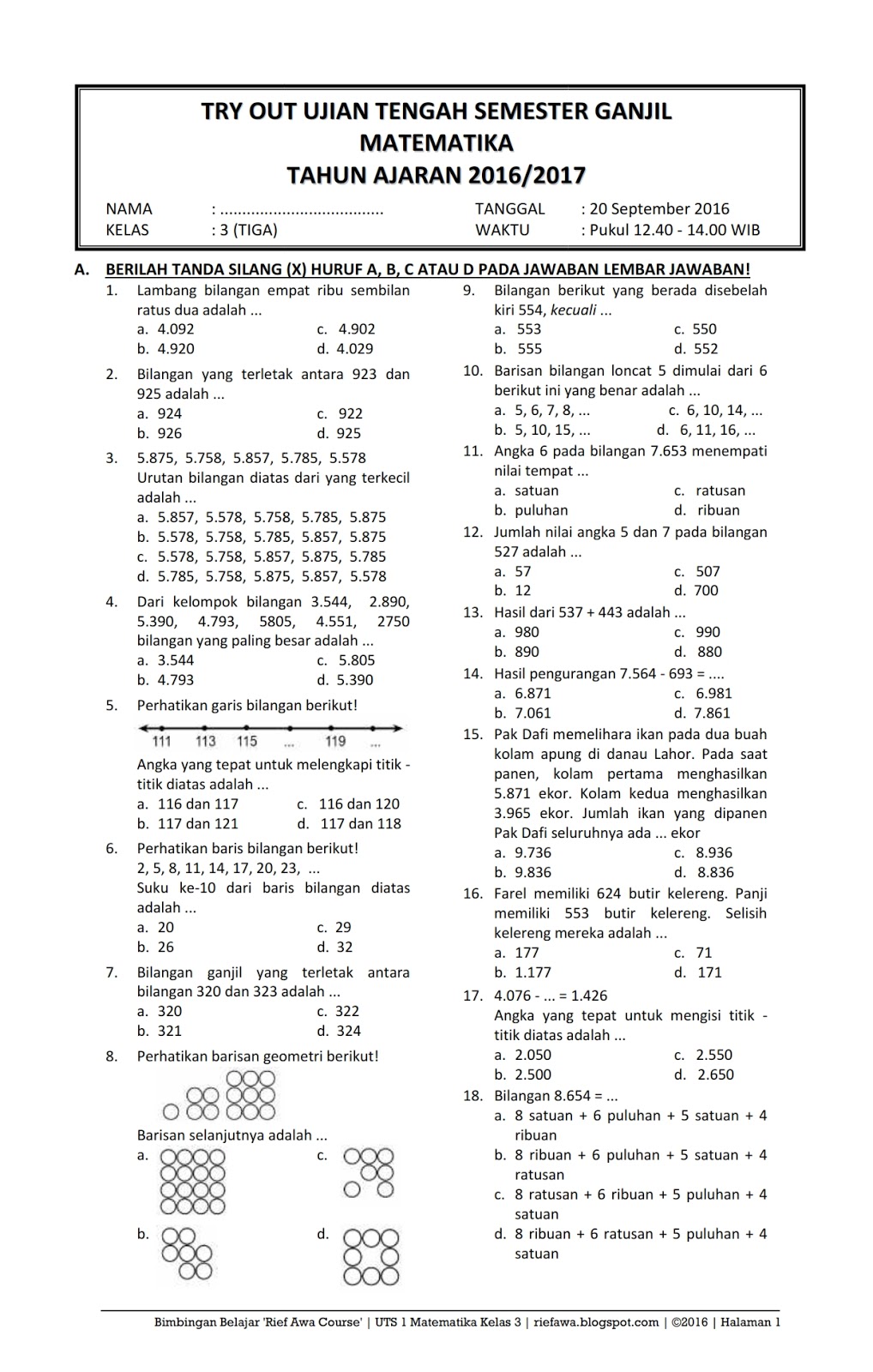 Contoh Soal UTS Kelas 3 Semester Genap