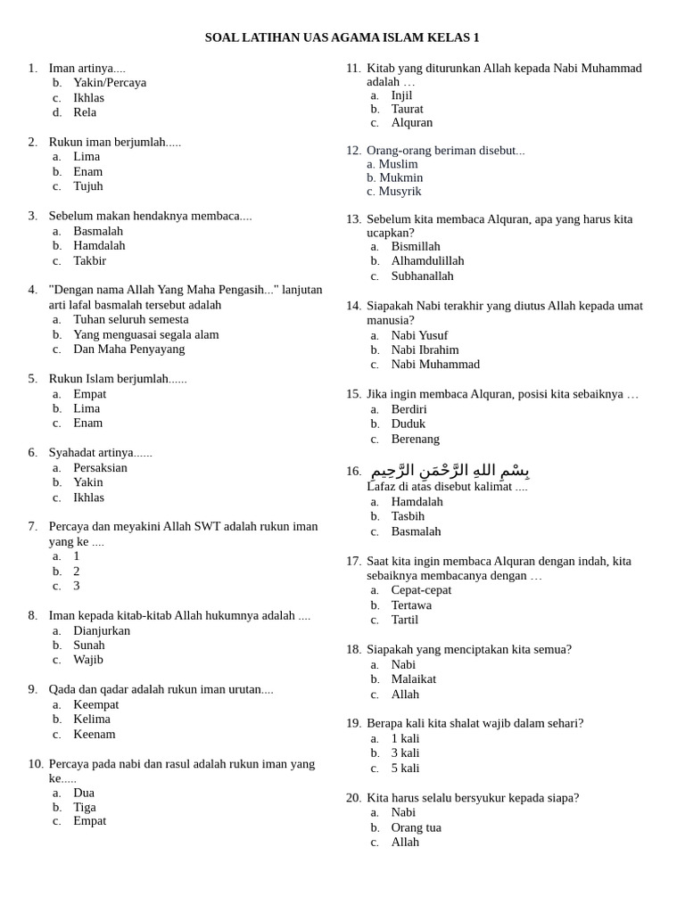 Soal Latihan UAS Agama Islam Kelas 1 PDF