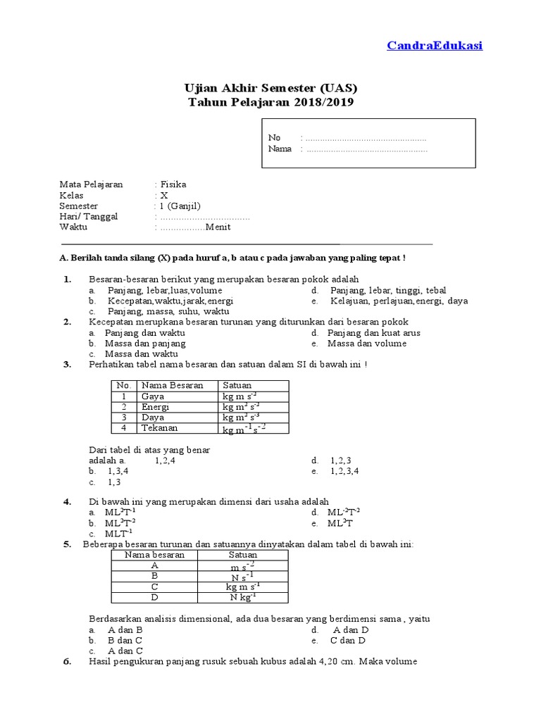Soal UAS Fisika Kelas 10 Semester 1 PDF Soal UAS Fisika Kelas 10 Semester 1 PDF