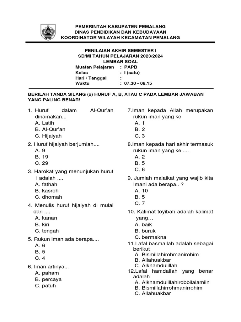 Soal PAPB Kelas 1 SD MI 2023 2024 PDF