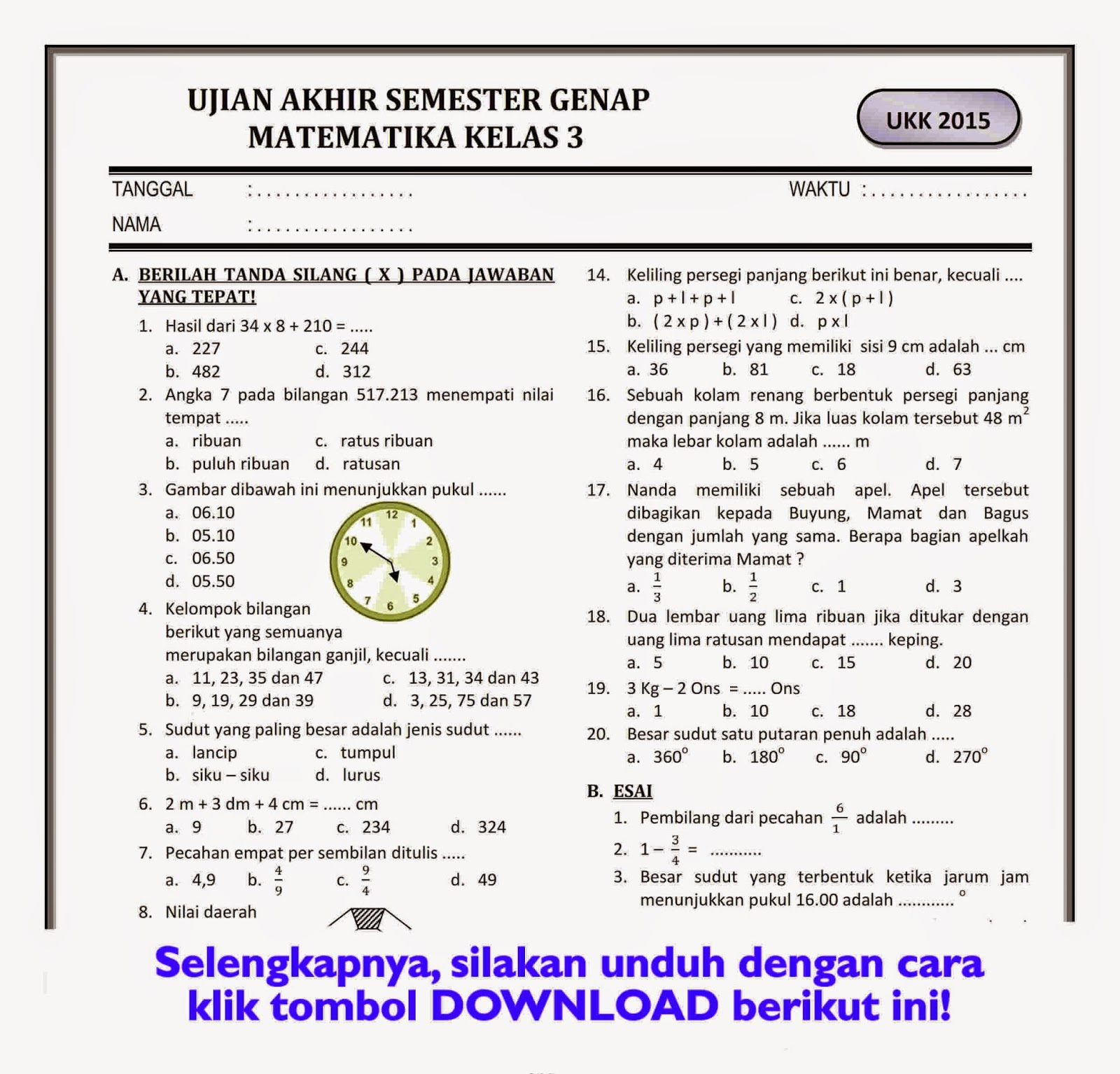 7 Contoh Soal UKK Matematika Kelas 3 SD Semester 2 yang Sering Muncul di Ujian 2026, Wajib Dipelajari Sebelum Terlambat 7 Contoh Soal UKK Matematika Kelas 3 SD Semester 2 yang Sering Muncul di Ujian 2026, Wajib Dipelajari Sebelum Terlambat