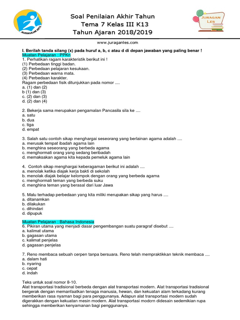 Soal Penilaian Akhir Tahun Kelas III K13 PDF Soal Penilaian Akhir Tahun Kelas III K13 PDF