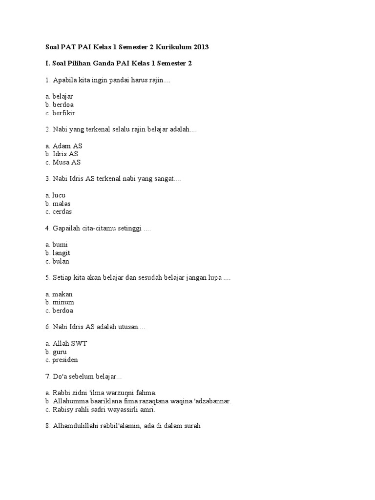 Soal PAT PAI Kelas 1 Semester 2 Kurikulum 2013 PDF