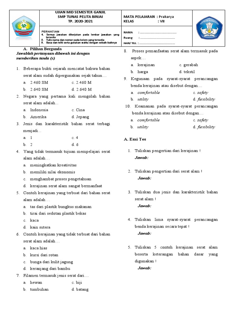 Soal Prakarya Kelas 7 Semester 1 PDF Soal Prakarya Kelas 7 Semester 1 PDF