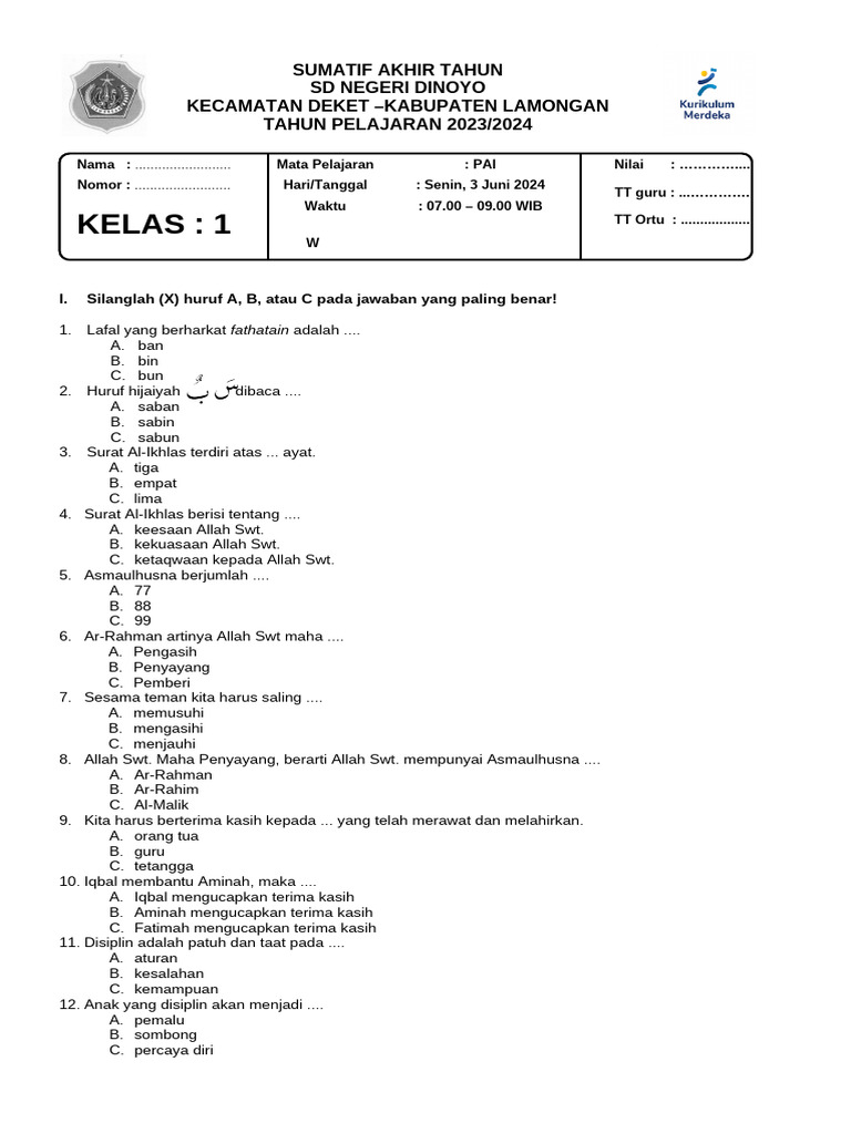Inilah 7 Contoh Soal PAI K13 Kelas 1 SD Semester 2 yang Wajib Bikin Anak Jago Ibadah