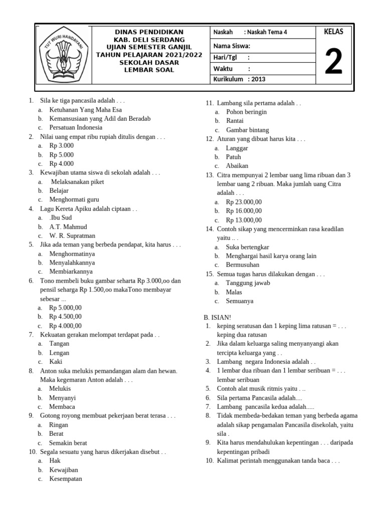Soal Ujian SD Kelas 2 Tema 4 PDF