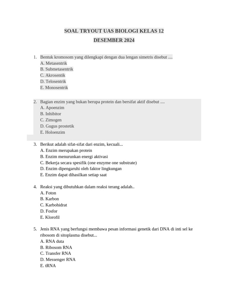 Soal Tryout UAS Biologi Kelas 12 PDF Soal Tryout UAS Biologi Kelas 12 PDF