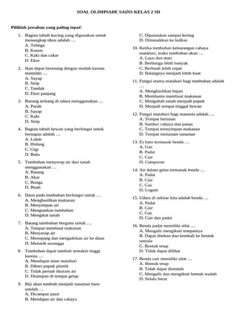Soal Olimpiade Sains Kelas 2 SD PDF