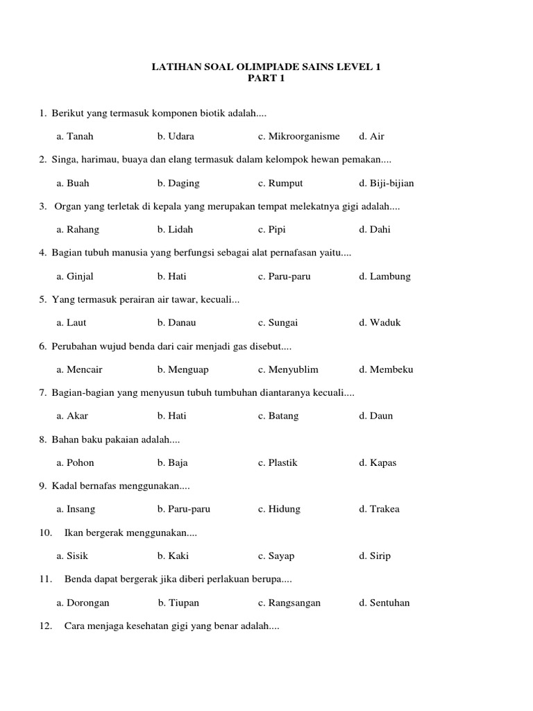 Soal Olimpiade Sains Level 1 SD PDF Soal Olimpiade Sains Level 1 SD PDF