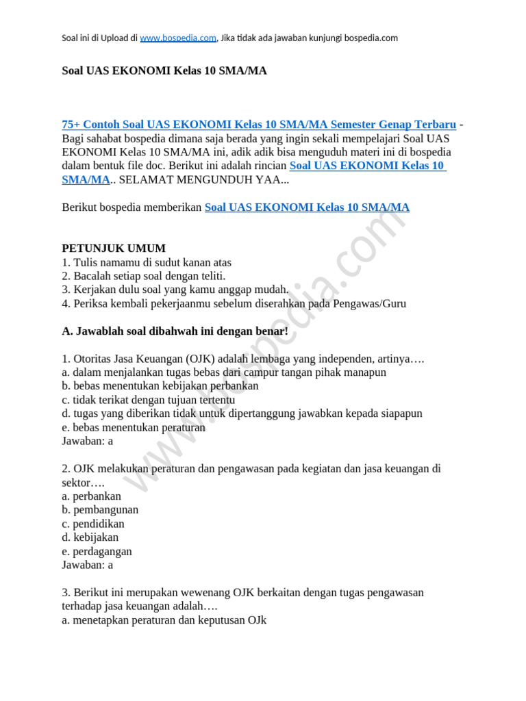 Soal UAS Ekonomi Kelas 10 SMA MA PDF Soal UAS Ekonomi Kelas 10 SMA MA PDF