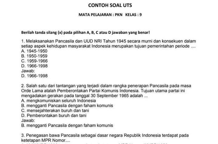 Rahasia Lulus Nilai Sempurna Lewat Kumpulan Soal PTS PPKN Kelas 9 Semester 1 Kurikulum 2013