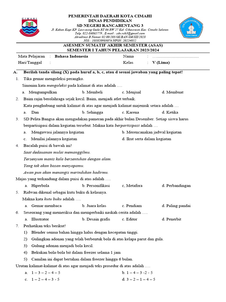 Rahasia Lulus Nilai Sempurna Soal UAS Bahasa Indonesia Kelas 5 Semester 1 Kurikulum 2013 Rahasia Lulus Nilai Sempurna Soal UAS Bahasa Indonesia Kelas 5 Semester 1 Kurikulum 2013