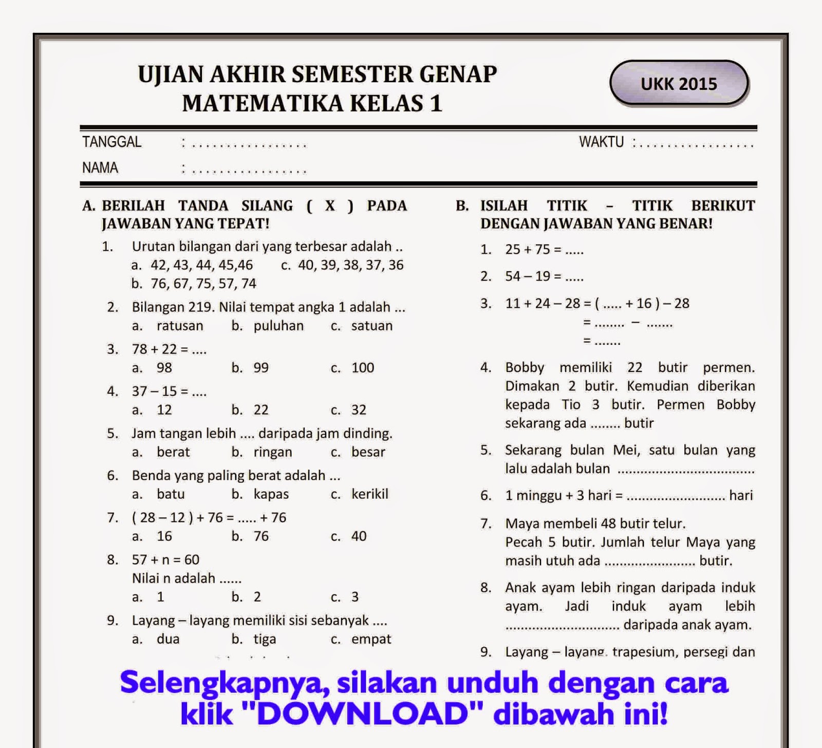 Rahasia Lulus Nilai Sempurna dengan Bocoran soal uas mtk kelas 1 semester 2 ini