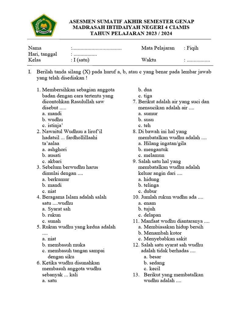 Rahasia Nilai Sempurna dengan Latihan Soal UAS Fikih Kelas 1 Semester 2 SD Muhammadiyah Rahasia Nilai Sempurna dengan Latihan Soal UAS Fikih Kelas 1 Semester 2 SD Muhammadiyah