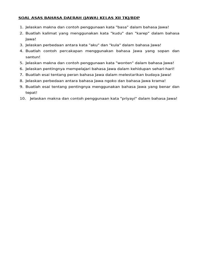Wajib Tahu! Bocoran Contoh Soal Bahasa Jawa Kelas 12 Semester 1 Agar Nilai Langsung Meroket Wajib Tahu! Bocoran Contoh Soal Bahasa Jawa Kelas 12 Semester 1 Agar Nilai Langsung Meroket